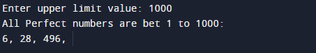 C Program To Print Perfect number between 1 and given number