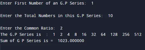 C Program To find Sum of GP Series